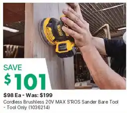 Kent DeWalt Cordless Brushless 20V MAX 5"ROS Sander Bare Tool offer