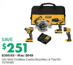 Kent DeWalt 20V MAX Cordless Combo Brushless 4-Tool Kit offer
