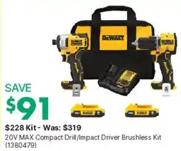 Kent DeWalt 20V MAX Compact Drill/Impact Driver Brushless Kit offer