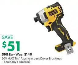 Kent DeWalt 20V MAX 1/4" Atomic Impact Driver Brushless - Tool Only offer