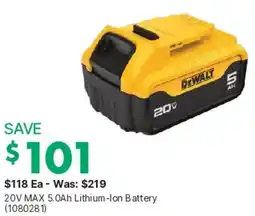 Kent DeWalt 20V MAX 5.0Ah Lithium-Ion Battery offer