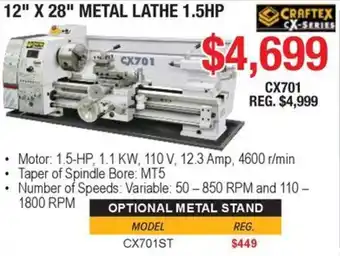 CrafTex 12" x 28" metal lathe 1.5hp