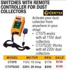 Busy Bee Tools CrafTex switches with remote controller for dust collectors offer
