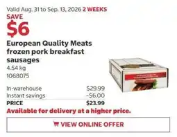 Costco European Quality Meats frozen pork breakfast sausages offer