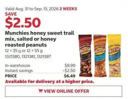 Costco Munchies honey sweet trail mix, salted or honey roasted peanuts offer