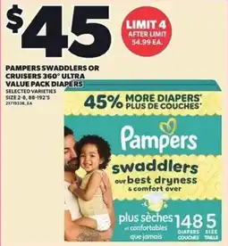 Loblaws Pampers swaddlers or cruisers 360° ultra value pack diapers offer