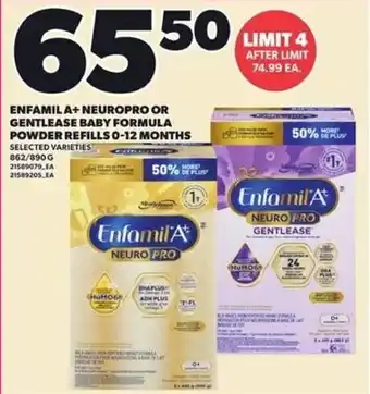 Loblaws Enfamil A+ NeuroPro or Gentlease baby formula powder refills 0-12 months offer