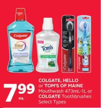 Rexall COLGATE, HELLO or TOM'S OF MAINE Mouthwash 473mL-1L or COLGATE Toothbrushes offer