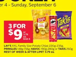 Rexall LAY'S XXL Family Size Potato Chips 220g-235g, PRINGLES 148g-156g, HAVOC 190g-280g or TAKIS 260g offer