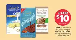Rexall LINDT Swiss Classic or Lindor 100g or RUSSELL STOVER No Sugar Added 85g Chocolate Bars offer