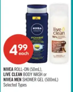Shoppers Drug Mart NIVEA ROLL-ON (50mL), LIVE CLEAN BODY WASH or NIVEA MEN SHOWER GEL (500mL) offer