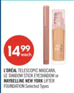 Shoppers Drug Mart L'ORÉAL TELESCOPIC MASCARA, LE SHADOW STICK EYESHADOW or MAYBELLINE NEW YORK LIFTER FOUNDATION offer