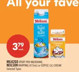 Shoppers Drug Mart MILK2GO SPORT PRO MILKSHAKE, NEILSON WHIPPING (473mL) or COFFEE (1L) CREAM offer