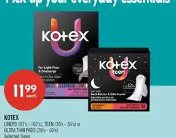 Shoppers Drug Mart KOTEX LINERS (93's - 162's), TEEN (30's - 36's) or ULTRA THIN PADS (28's - 60's) offer