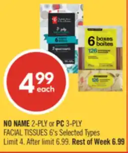 Shoppers Drug Mart NO NAME 2-PLY or PC 3-PLY FACIAL TISSUES 6's offer