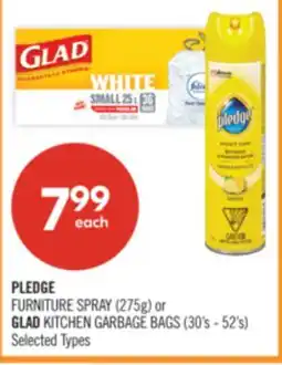 Shoppers Drug Mart PLEDGE FURNITURE SPRAY (275g) or GLAD KITCHEN GARBAGE BAGS (30's - 52's) offer