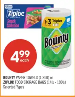 Shoppers Drug Mart BOUNTY PAPER TOWELS (1 Roll) or ZIPLOC FOOD STORAGE BAGS (14's - 100's) offer
