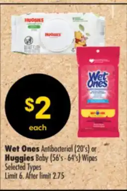 Shoppers Drug Mart Wet Ones Antibacterial (20's) or Huggies Baby (56's - 64's) Wipes offer