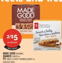 Shoppers Drug Mart MADE GOOD ORGANIC, QUAKER CHEWY or PC SWEET & SALTY GRANOLA BARS offer