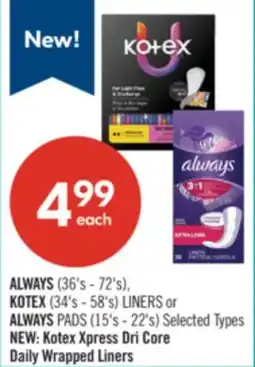 Shoppers Drug Mart ALWAYS (36's - 72's), KOTEX (34's - 58's) LINERS or ALWAYS PADS (15's - 22's) offer