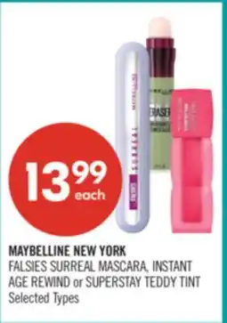 Shoppers Drug Mart MAYBELLINE NEW YORK FALSIES SURREAL MASCARA, INSTANT AGE REWIND or SUPERSTAY TEDDY TINT offer