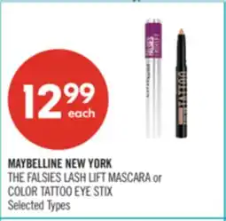 Shoppers Drug Mart MAYBELLINE NEW YORK THE FALSIES LASH LIFT MASCARA or COLOR TATTOO EYE STIX offer