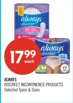 Shoppers Drug Mart ALWAYS DISCREET INCONTINENCE PRODUCTS offer