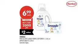 Shoppers Drug Mart SNUGGLE FREE & SOFT LIQUID FABRIC SOFTENER (1.16L) or DRYER SHEETS (120's) offer