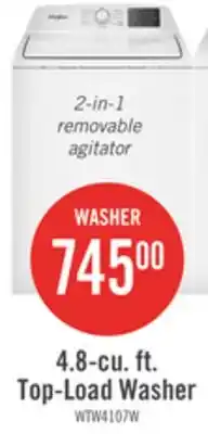The Brick Whirlpool 4.8 Cu. Ft. Top Load Washer with 2-in-1 Removable Agitator - WTW4107SW offer