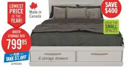 The Brick Alpine Platform Storage Bed with Headboard & Frame, LED, Made in Canada, White - Queen Size offer