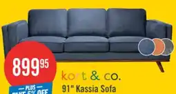 The Brick Kort & Co. Kassia 90.6 Linen-Look Fabric Sofa with Wood Base and Legs - Blue offer