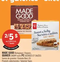 Pharmaprix MADE GOOD Organic, QUAKER CHEWY or PC Granola Bars (5) offer