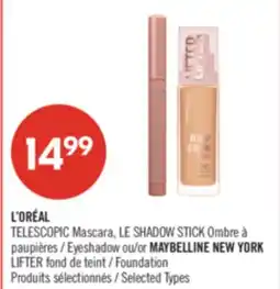 Pharmaprix L'ORÉAL TELESCOPIC Mascara, LE SHADOW STICK Eyeshadow or MAYBELLINE NEW YORK LIFTER Foundation offer