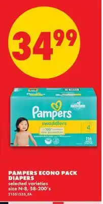 No Frills PAMPERS ECONO PACK DIAPERS, size N-8, 58-200's offer