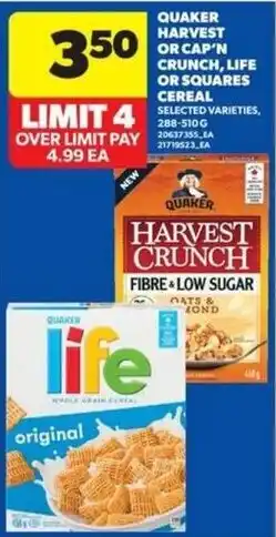 Wholesale Club Quaker harvest or cap'n crunch, life or squares cereal offer