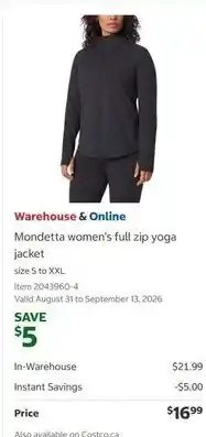 Costco Mondetta women's full zip yoga jacket offer