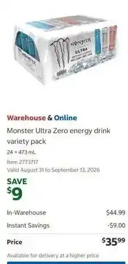 Costco Monster ultra zero energy drink variety pack offer