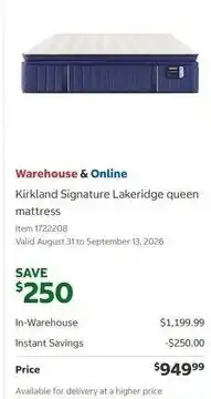 Costco kirkland signature lakeridge queen mattress offer