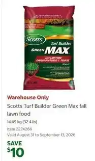 Costco Scotts Turf Builder Green Max fall lawn food offer