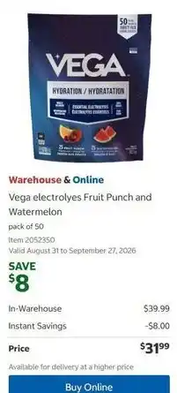 Costco Vega electrolytes Fruit Punch and Watermelon offer