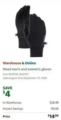Costco Head men's and women's gloves offer
