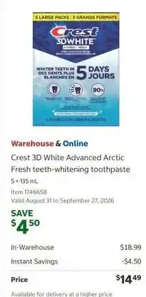 Costco Crest 3D White Advanced Arctic Fresh teeth-whitening toothpaste offer