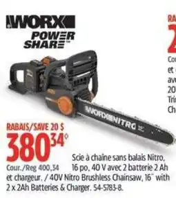 Canadian Tire Worx power share 40v nitro brushless chainsaw offer
