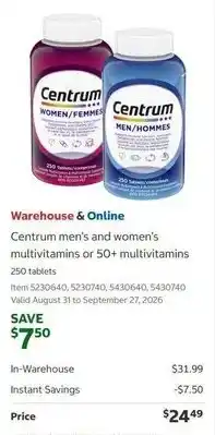 Costco Centrum men's and women's multivitamins or 50+ multivitamins offer