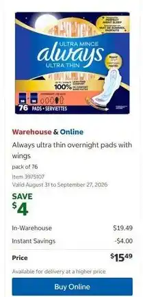Costco Always ultra thin overnight pads with wings offer