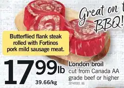 Loblaws Fortinos butterflied flank steak rolled with pork mild sausage meat offer