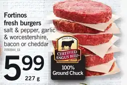 Loblaws Fortinos fresh burgers salt & pepper, garlic & worcestershire, bacon or cheddar offer