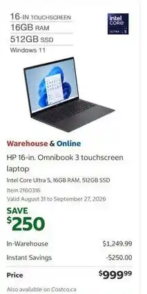 Costco Hp 16-in. omnibook 3 touchscreen laptop offer