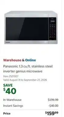 Costco Panasonic 1.3 cu.ft. stainless steel inverter genius microwave offer