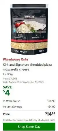 Costco Kirkland Signature shredded pizza mozzarella cheese offer